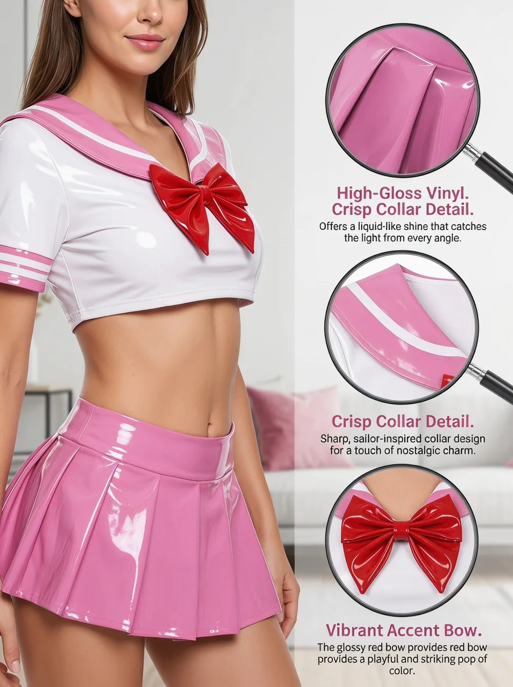 Glänzendes PU-Leder Sailor 3-teiliges Set Patchwork Crop Top Rote Schleife Rosa Plissierter Minirock Kawaii JK Cosplay T-Shirt Rüschenröcke