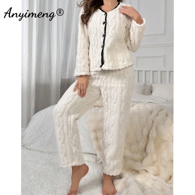 Jacquard Fluffy Lady Sleepwear Chic V-neck Lapel Thermal Pijamas Casual Nightwear Elegant Plain White Winter Women Pajamas Set