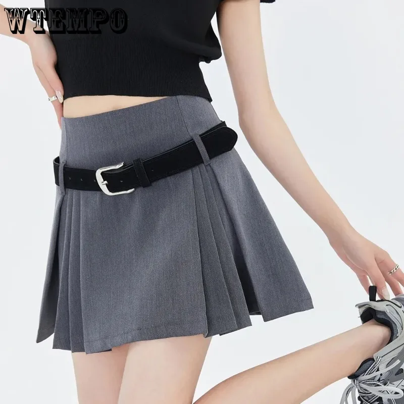 Academy Style Pleated Skirt Women\'s High Waist A-line Skirt Gift Belt Built in Shorts Pure Desire American Hottie Spring Summer