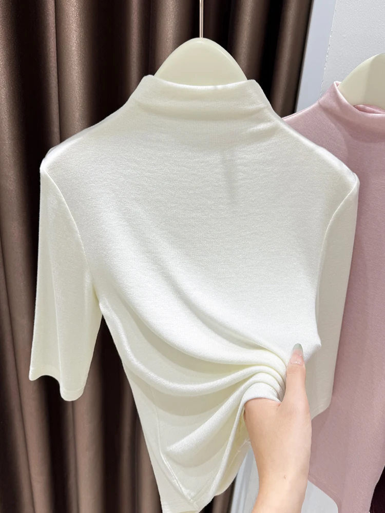 

Женская футболка Lacele с полувысоким воротником и рукавом до локтя, из лиоцелла, базовый слой, стандартный крой, мягкая, повседневная, укороченная