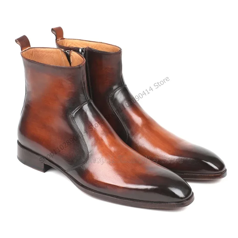 

Brown Gradient Color Sewing Design Ankle Boots Fashion Side Zipper Men Shoes Luxurious Handcraft Party Banquet Men Dress Shoes