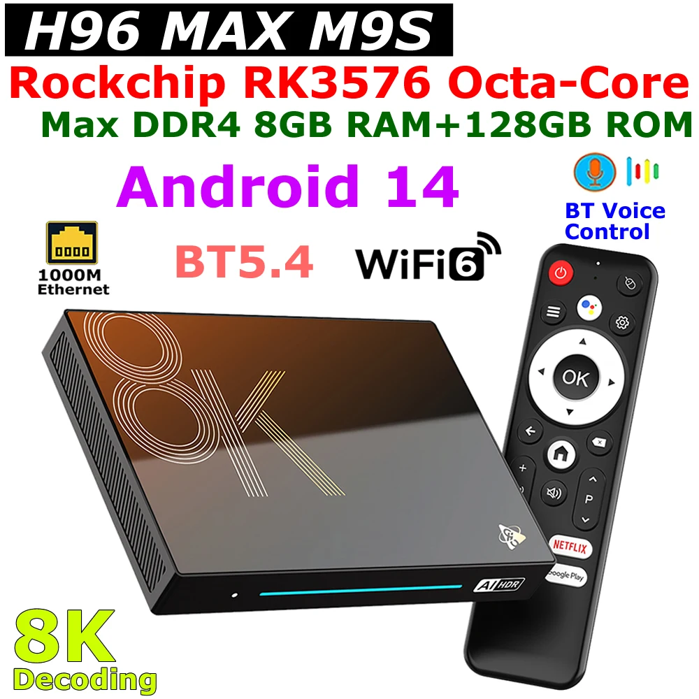 H96 max m9s android 14 tv box rk3576 octa core ddr4 8gb 128gb 1000m lan usb3.0 wifi6 bt3.0 8k decodierung av1 set top box 4gb 32gb