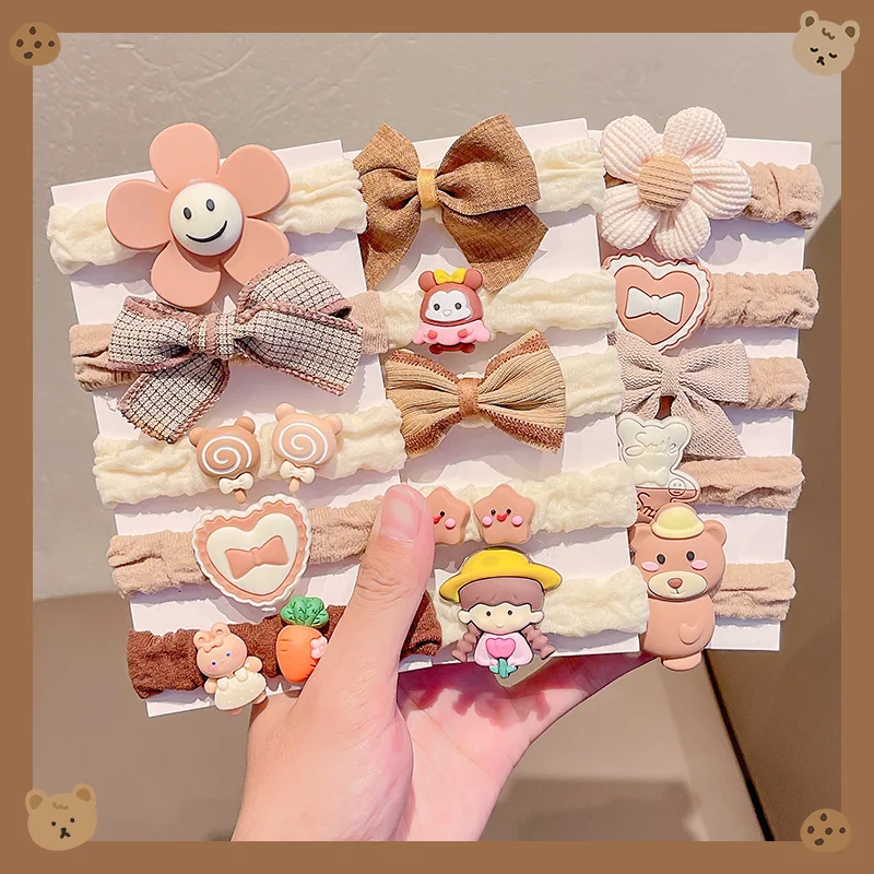 3/5 Pcs/Set Children Coffee Color Cartoon Flower Bow Elastic Hair Bands Girls Sweet Scrunchies Rubber Bands Kid Hair Accessories