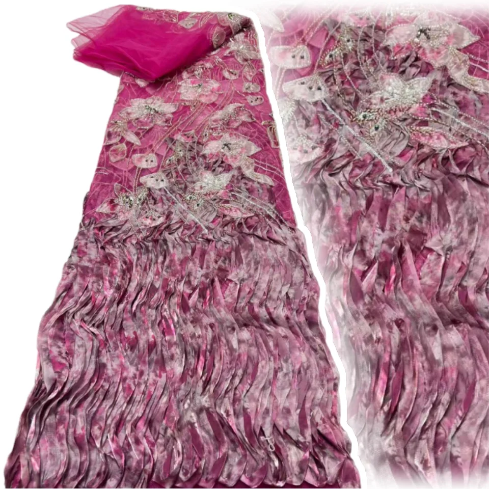 

Luxury African 3D Feather Lace Fabric 2025 High Quality French Beaded Sequin Lace Fabric for Wedding Dresses Sewing 5Y SZ1687