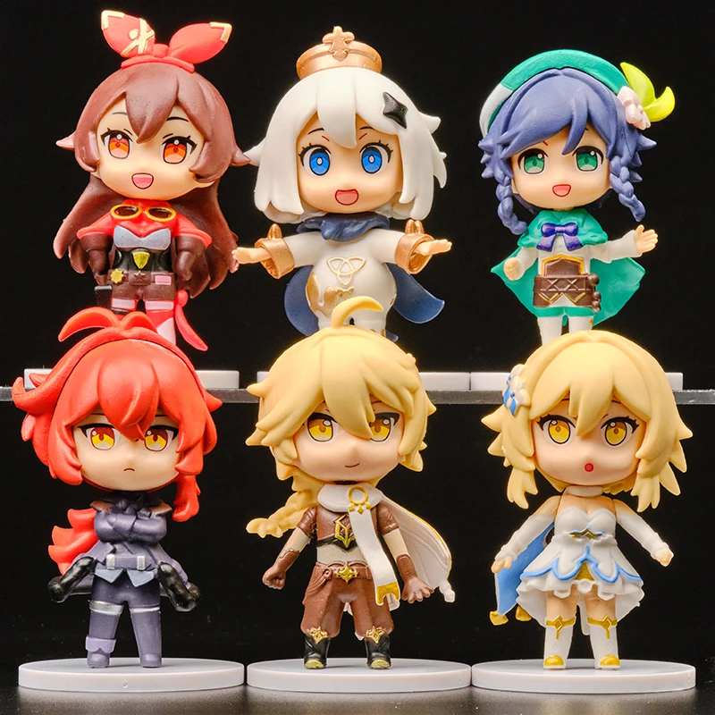 Hot 6pcs/set Genshin Impact Anime Figure Game Cartoon Aether Lumine Amber Venti Diluc Paimon Dolls Toy Kawaii Character  Gift