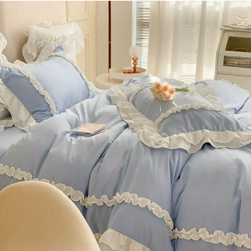 Korean Princess Style Bedding Sets Ins Lace Bowknot Duvet Cover Fitted Sheet For Girl Woman Home Bedroom Kawaii Bed Linens