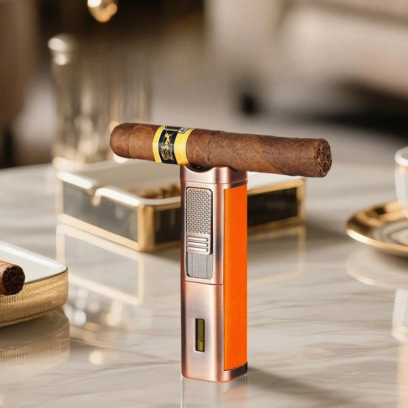 Genuine Leather Windproof 3 Jet Blue Flame Butane Gas Torch Lighter Visible Gas Window Cigar Diamond Cigar Special Lighters Gift - view 3