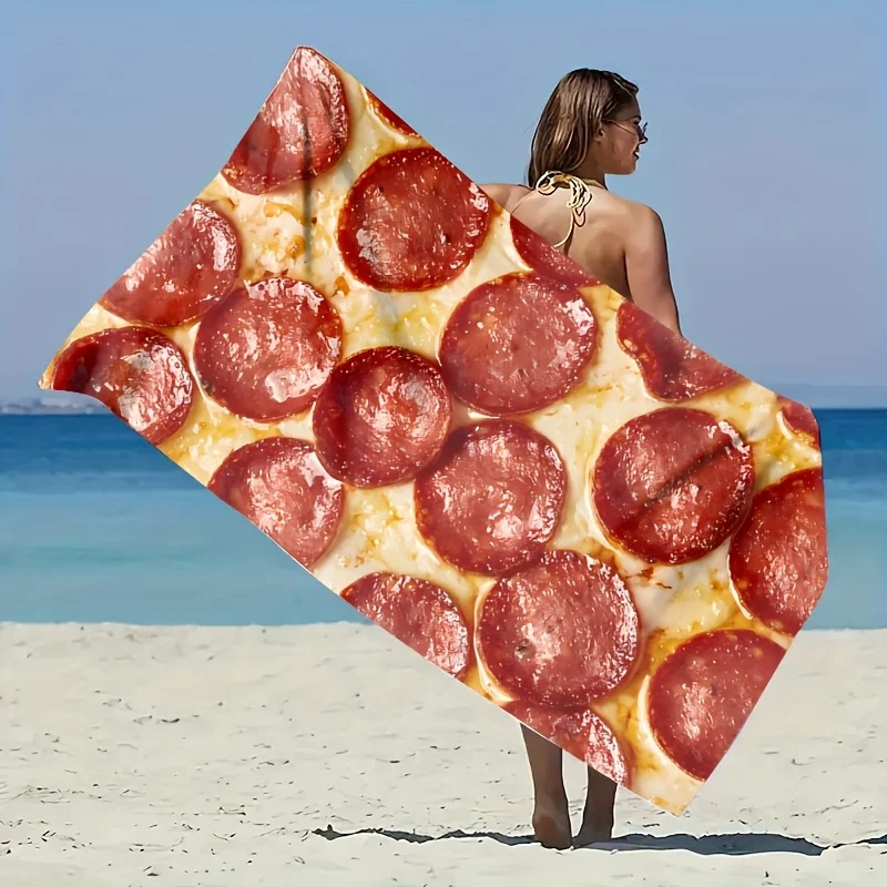 Customize [] 1pc Pizza Sausage Pattern Beach Towel, Suitable for Seaside Beaches, Swimming Pools, Bathrooms, Camping Travel, Yog