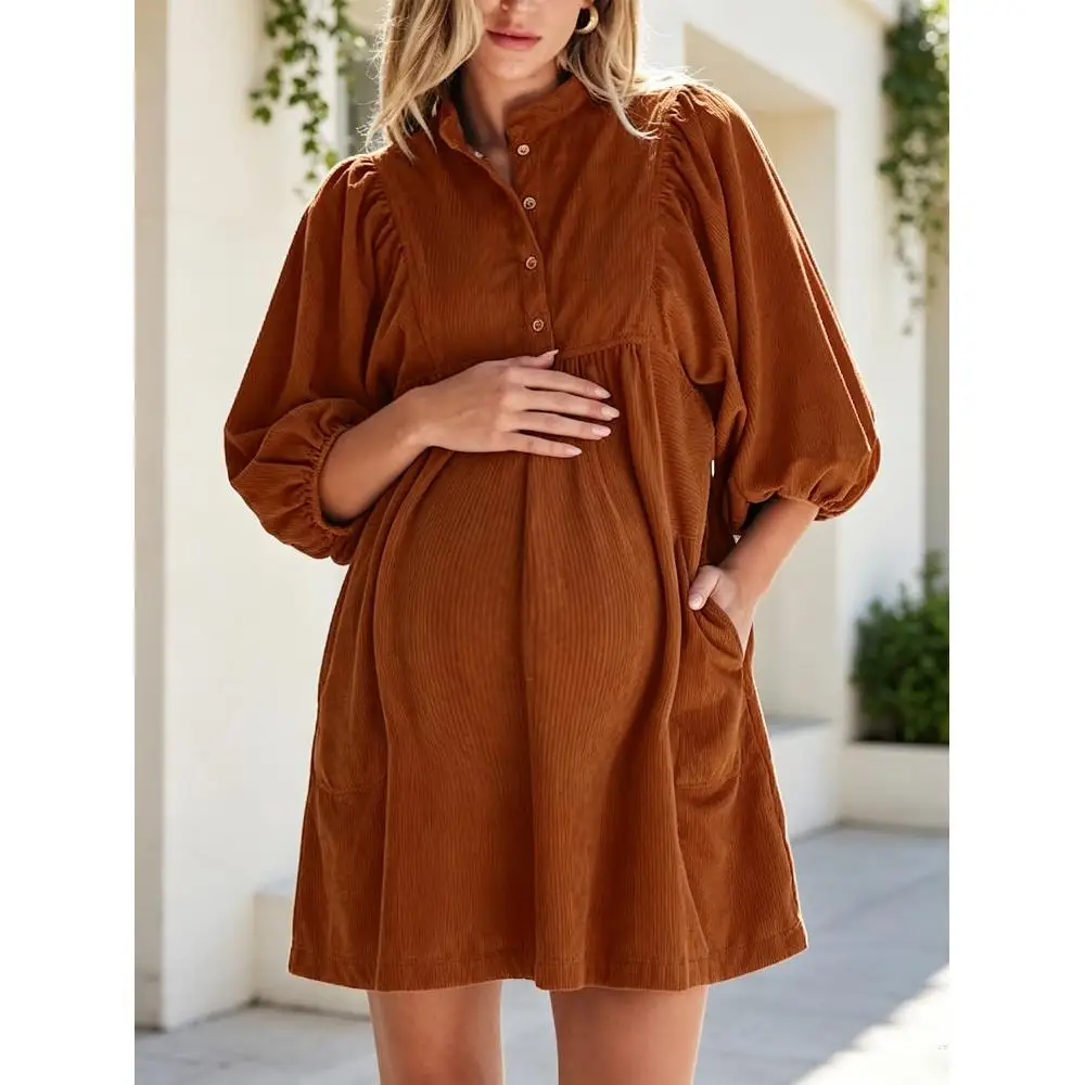 Maternity Corduroy Pocket Brown Long Sleeve Dress Autumn Winter Home Daily Comfort Maternity Dress