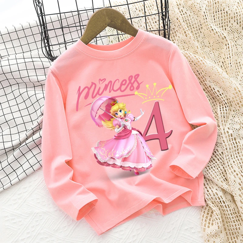 Super Mario Princess Peach Girls Long-sleeved T-shirts Kids Cartoon Birthday Number Printed Tops Autumn Winter Children Clothing