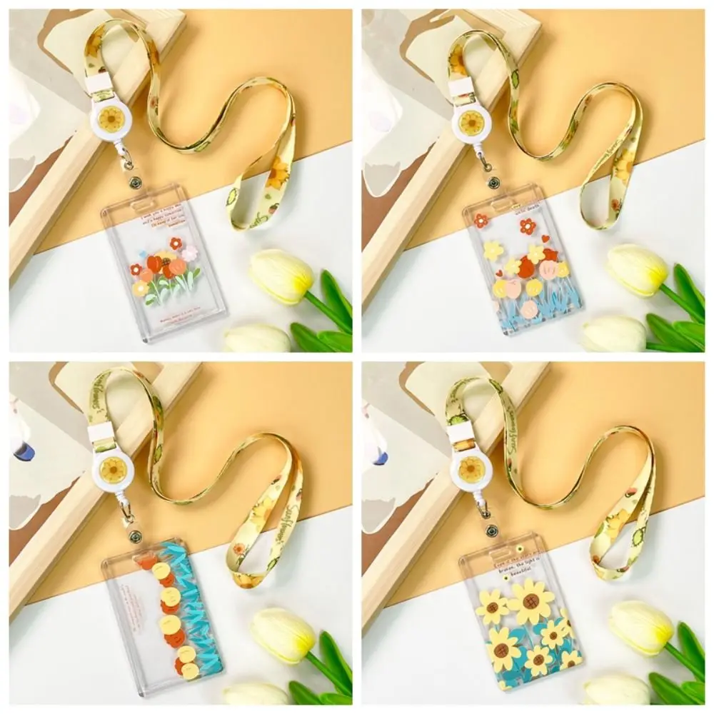 Hanging Neck Transparent Card Holder Double-sided Viewing Keychain Flower Card Case Card Access Control ID Credit Card Holder