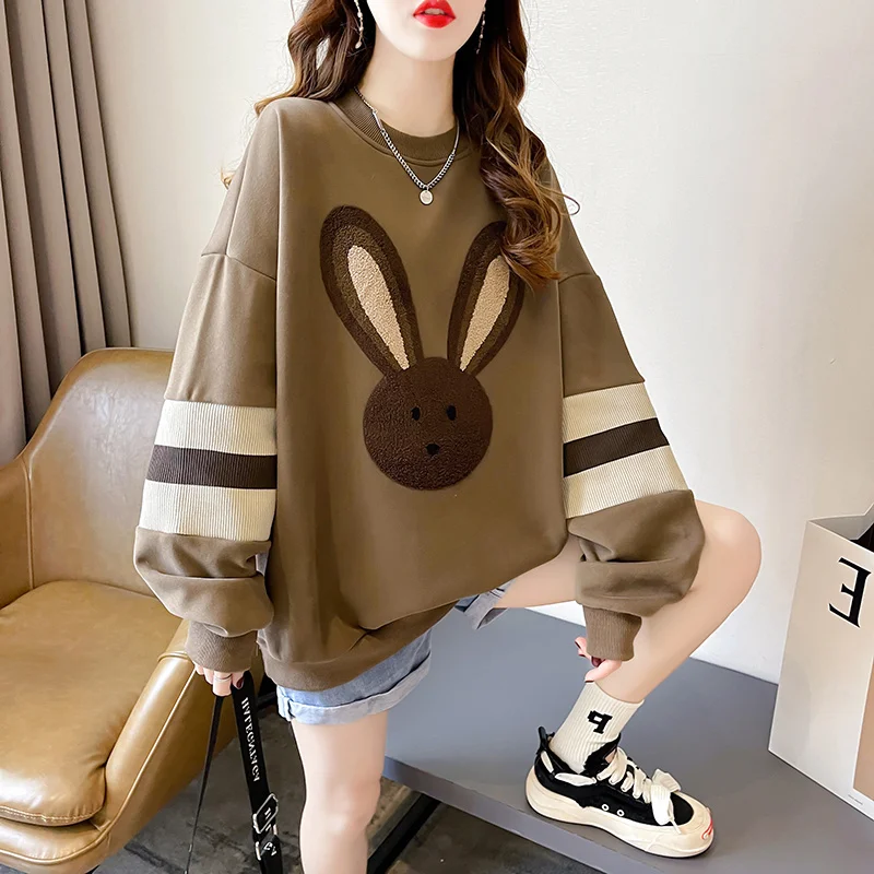 

plus Size 300 Pou Fat MM Design Sense Colion Color Cartoon Rabbit round Ne Sweatirt Women's Versatile Thiened Fle...