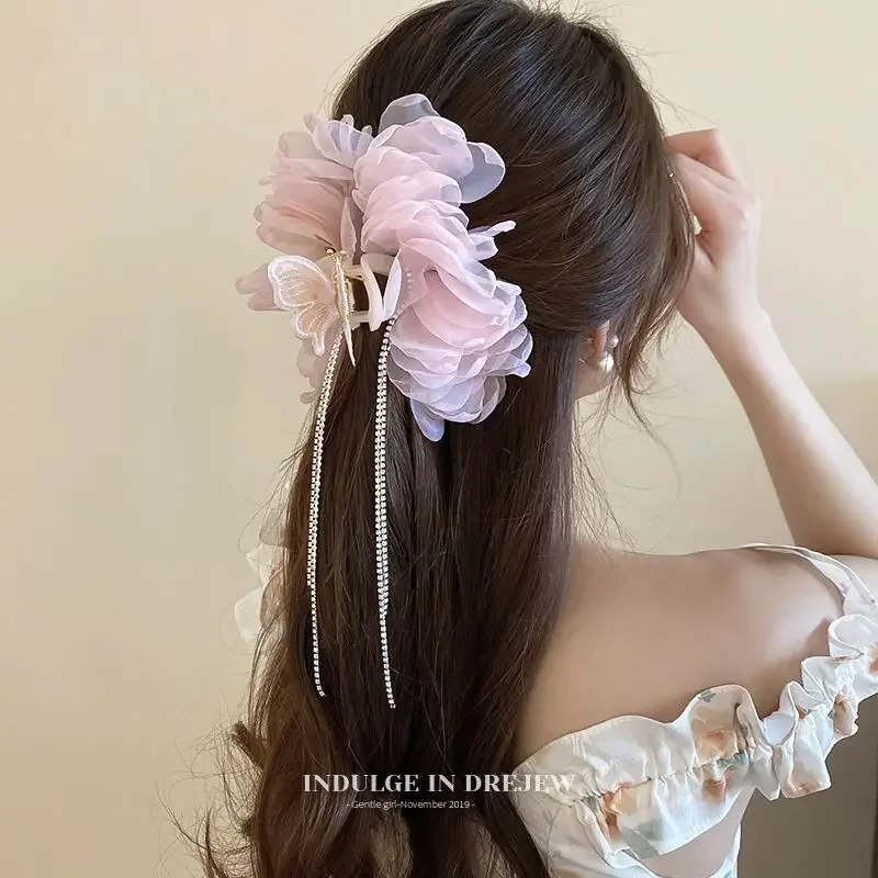 New Chinese Style Women Butterfly Hair Clip Female Back Spoon Hair Claw Girls High-end Summer Sky Ribbon Tassel Hair Accessories