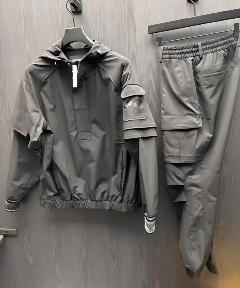 2026 Autumn Winter Men Golf Outfit Windproof UV Sun Protection Hooded Jacket & Cargo Pants 2 Pieces Set Outdoor Golf Sportswear