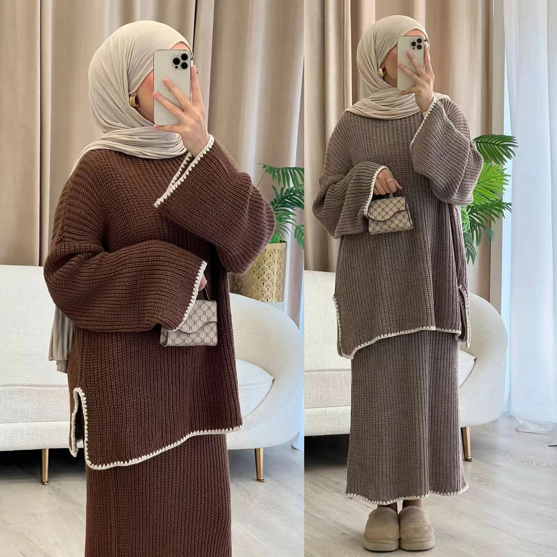 Eid Donna Gonna maglione lavorato a maglia Set da 2 pezzi Set musulmani Top e gonna lunga Ramadan Dubai Musulman Ensembles Abiti arabi marocco