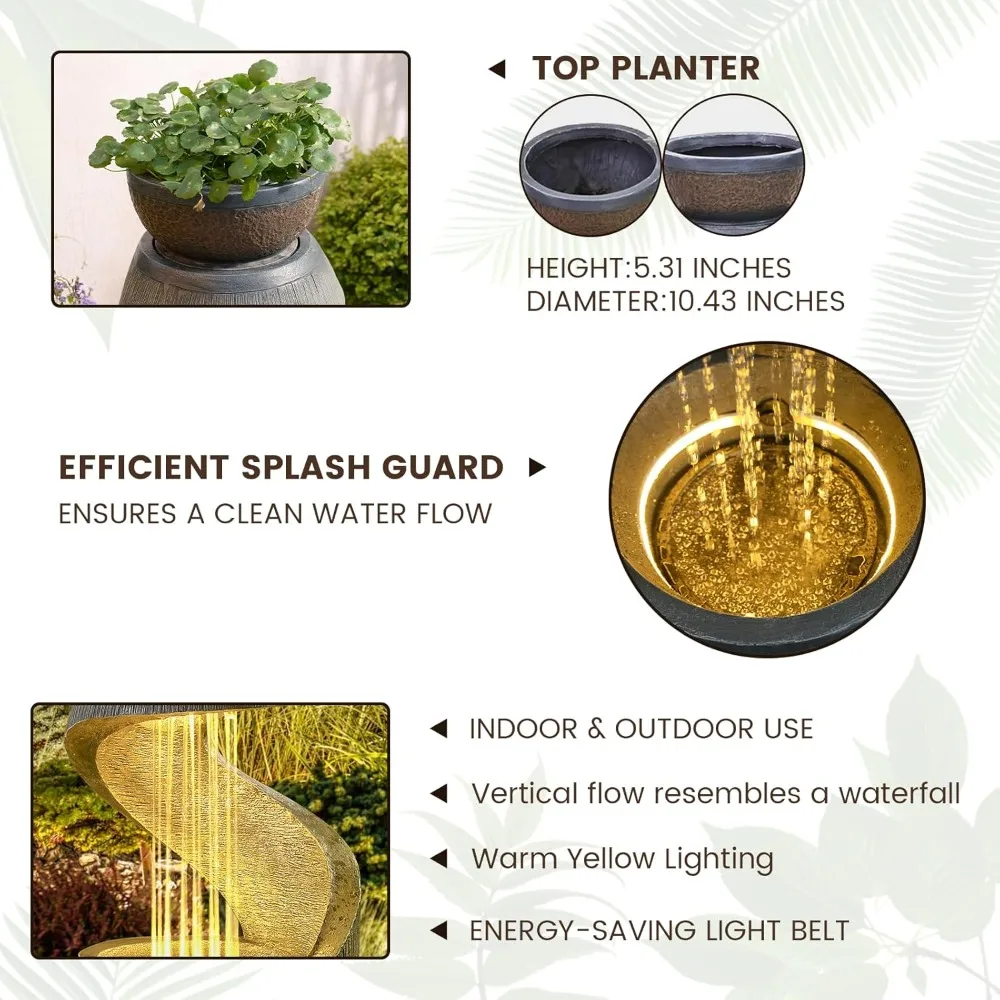 ميزة مياه خارجية نافورة فناء مع أضواء LED، نافورة شلال حديقة من الراتنج 31.9 خارجية، تصميم عصري على شكل حرف S #4