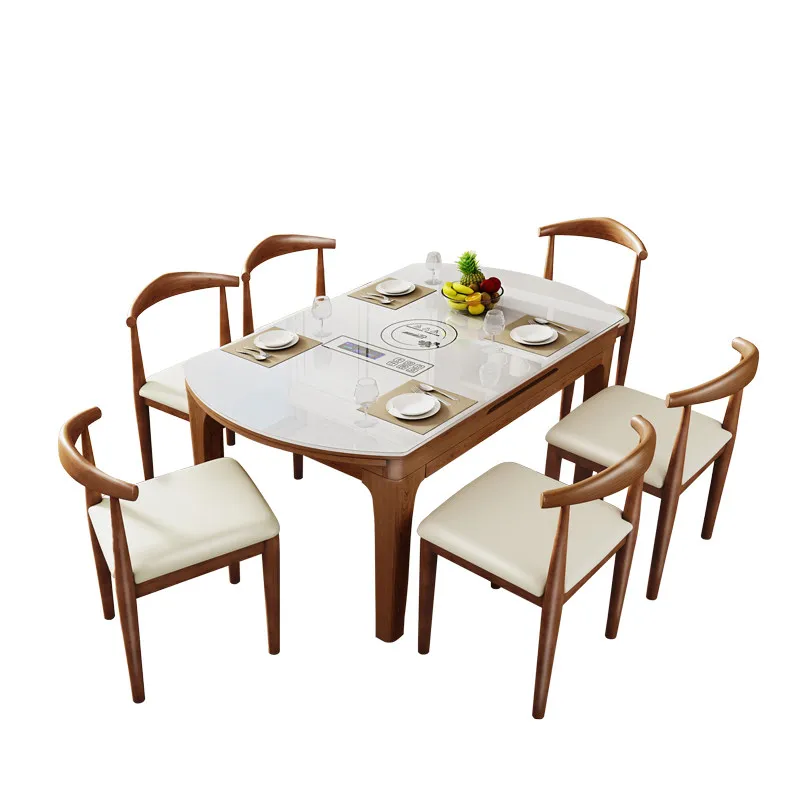 

Modern simple 6-person retractable solid wood dining table Round dining table Folding tempered glass induction cooker