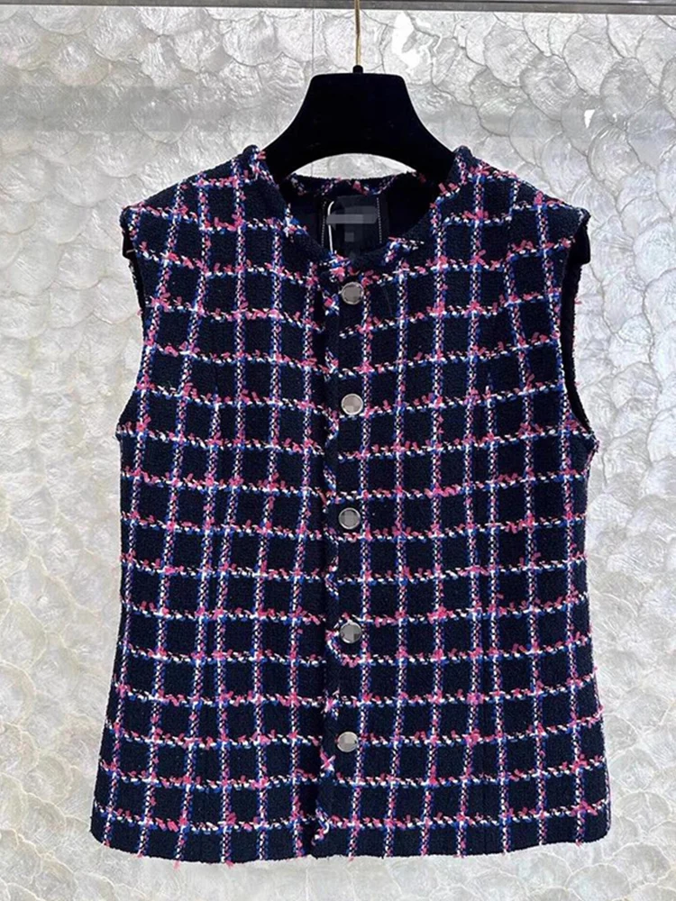 

Ele Small Fraance Sle Tweed Vest Top Summer New High End Retro Knitted Plaid Vest Polyester Fiber round Ne Single B...