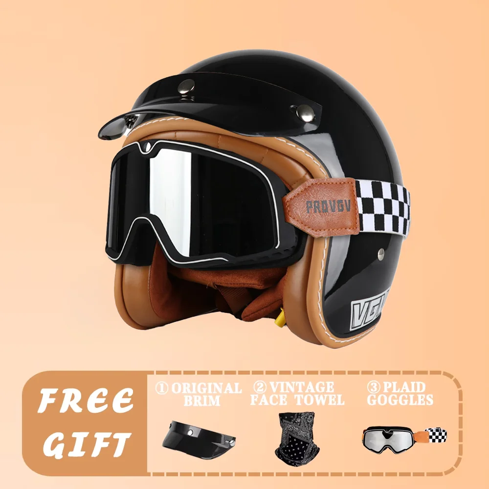VGV Retro Motorcycle Helmet, Retro Yellow Inner Lining, Removable and Washable, Men's and Women's Daily Travel Safety Helmets