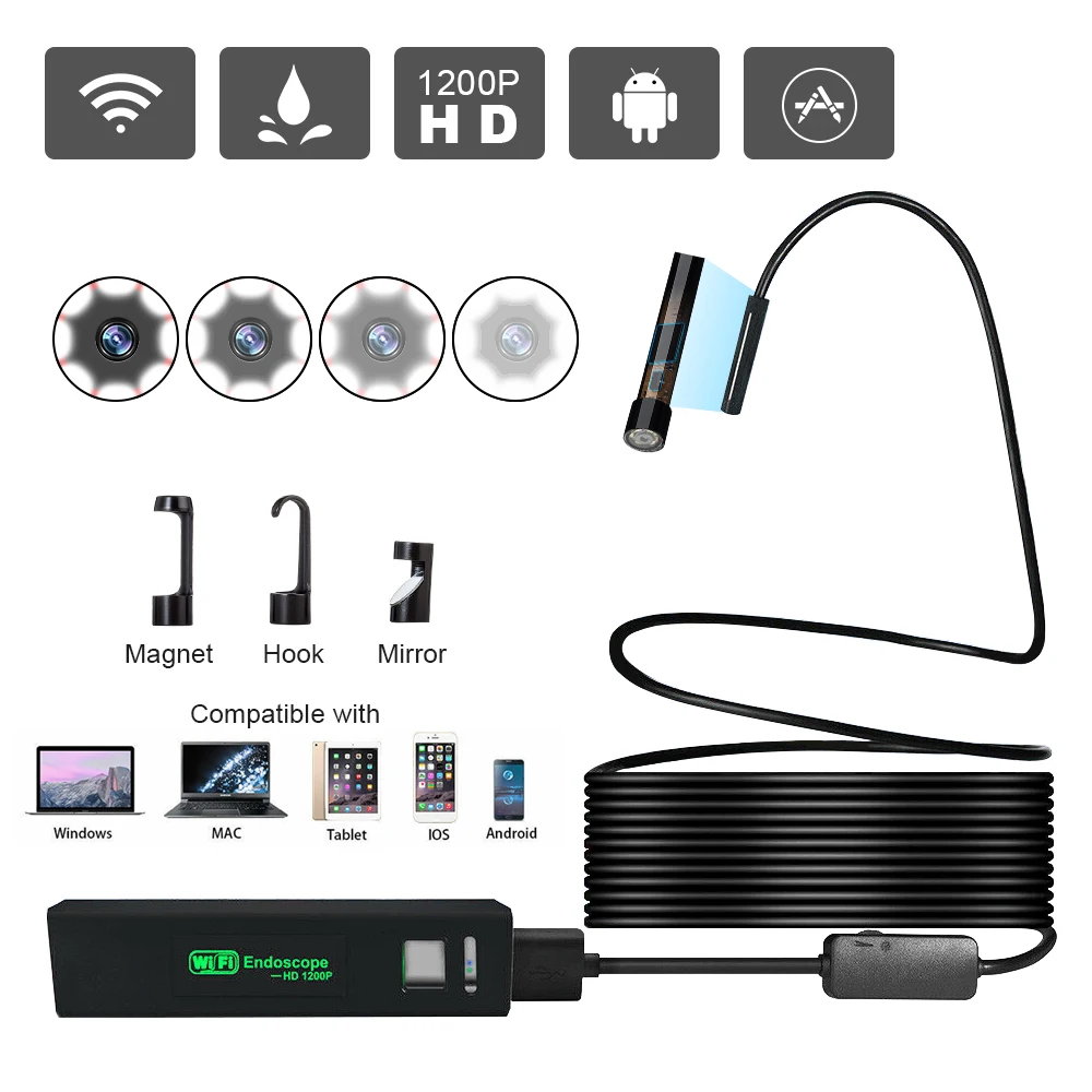 KERUI Wifi Endoscope Mini 1m 2m 5m Wireless 1200P HD waterpro of Endoscope Borescope Inspection for Android iPhone
