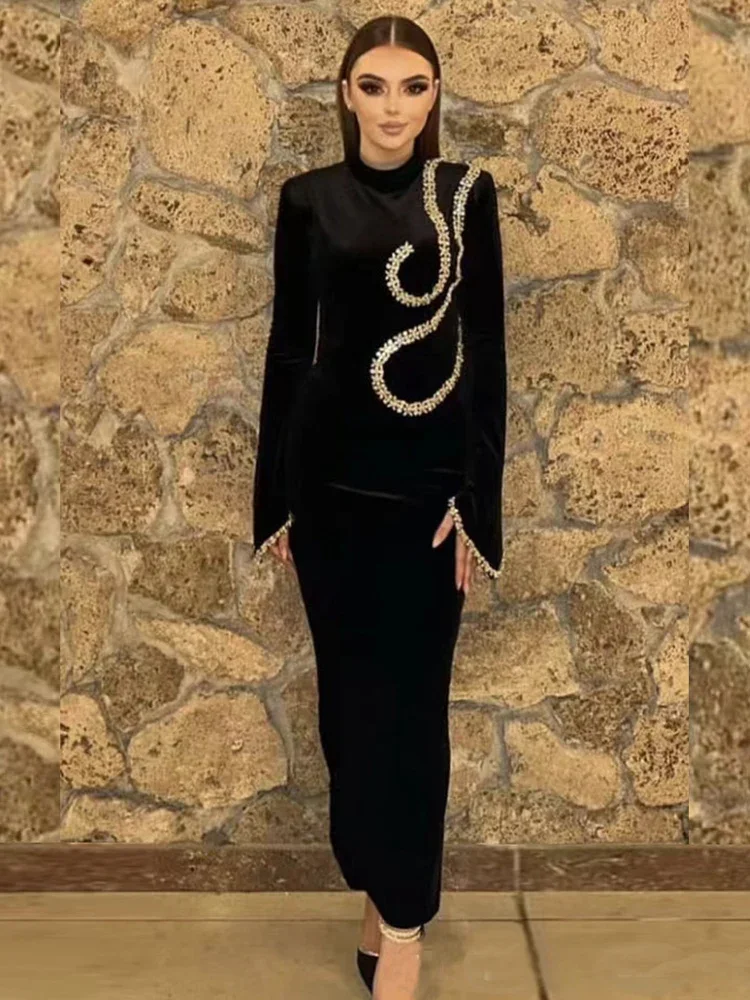 

Сексуальное бандажное платье с высоким воротом и длинными рукавами для женщин, черное облегающее платье с длинными рукавами для знаменитостей, вечернее клубное вечернее платье