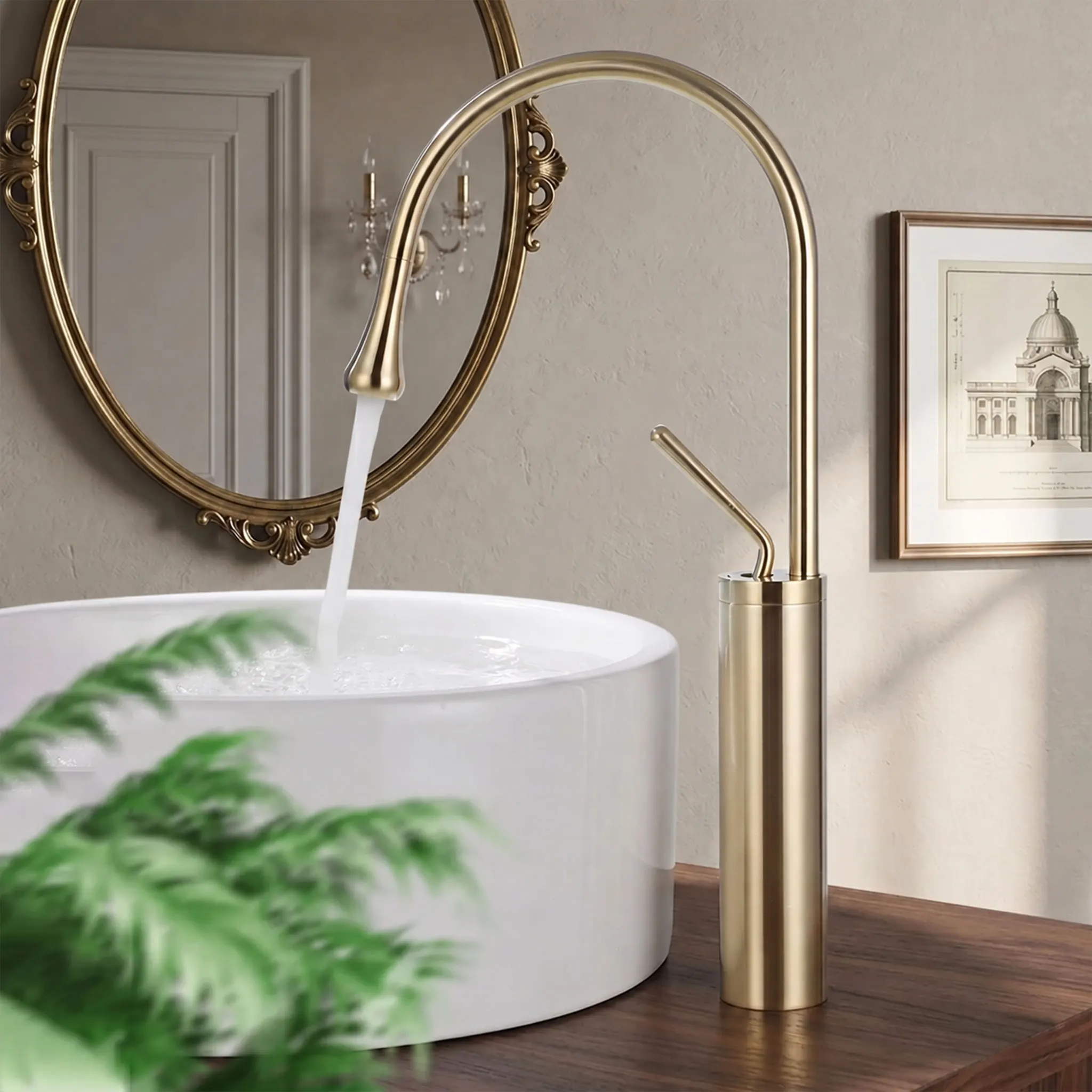 Grifo de Baño de Latón Estilo Antiguo, Grifo de Lavabo Gris, Grifo Cascada de Oro Cepillado, Grifo para Fregadero de Baño
