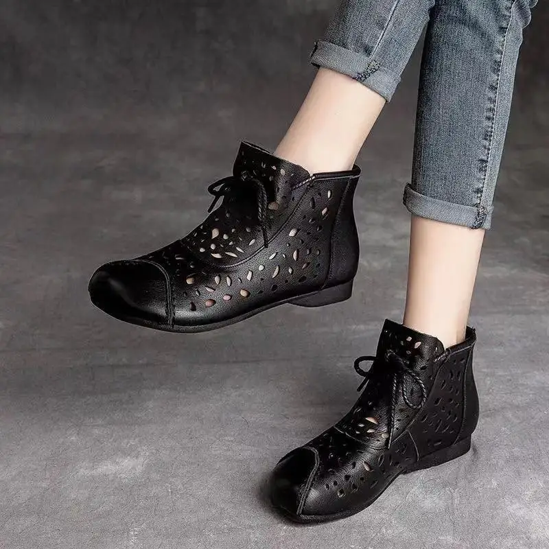 Summer New Ethnic Style Breathable Women Boots Soft Sole All-match Hollow Out Women Casual Flat Boots