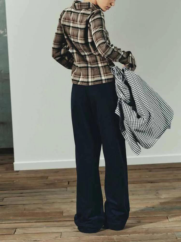 النمط الأوروبي والأمريكي الخريف موضة جديدة عادية بسيطة الرجعية الخصر النحيف قصيرة منقوشة بأكمام طويلة قميص قميص أعلى #2