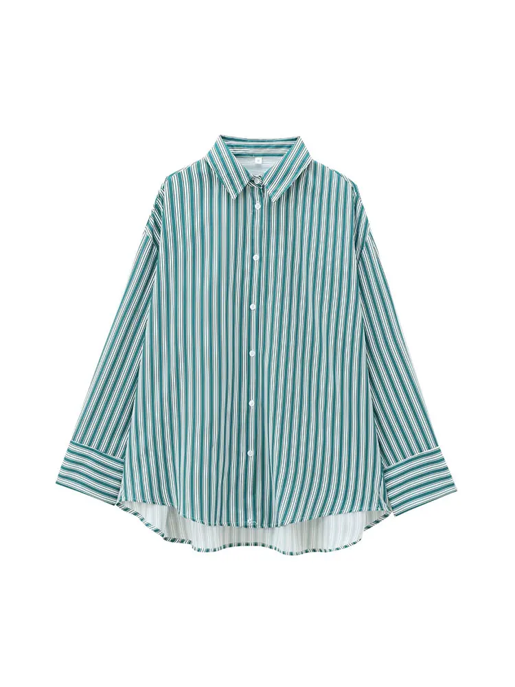 TRAF 2024 Autumn Woman Fashion Striped Long Sleeved Shirt Casual Slim Single Breasted Flip Collar Blouses Y2K