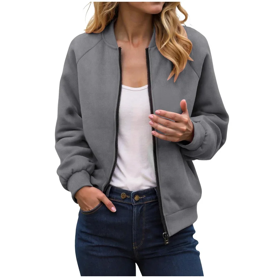 Women Raglan Sleeve Short Fall Winter Casual Solid Color Baseball Zipper Windproof Oversized Women