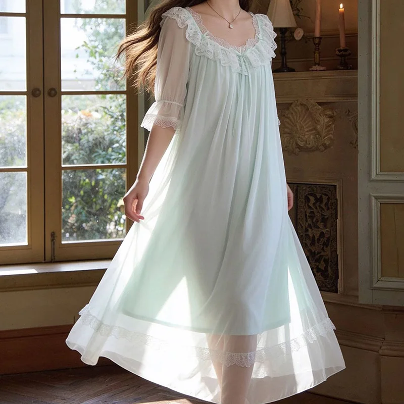 Lace Mesh Long Sleeve Fairy Pajamas Nightgowns for Women Summer Short Sleeve Vintage Princess Nightdress Home Suit