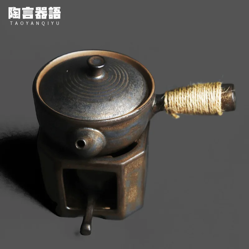 

Japanese style kiln fired black gold wide mouth side handle teapot warm tea set antique pottery with candle bottom stove