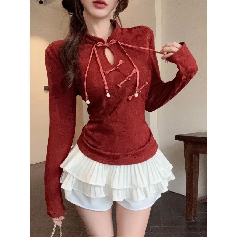 قميص شيونغسام للنساء تشيباو التقليدية الصينية مشبك شيونغسام قميص الخريف بأكمام طويلة قميص قاعدة حمراء الطبقة الداخلية