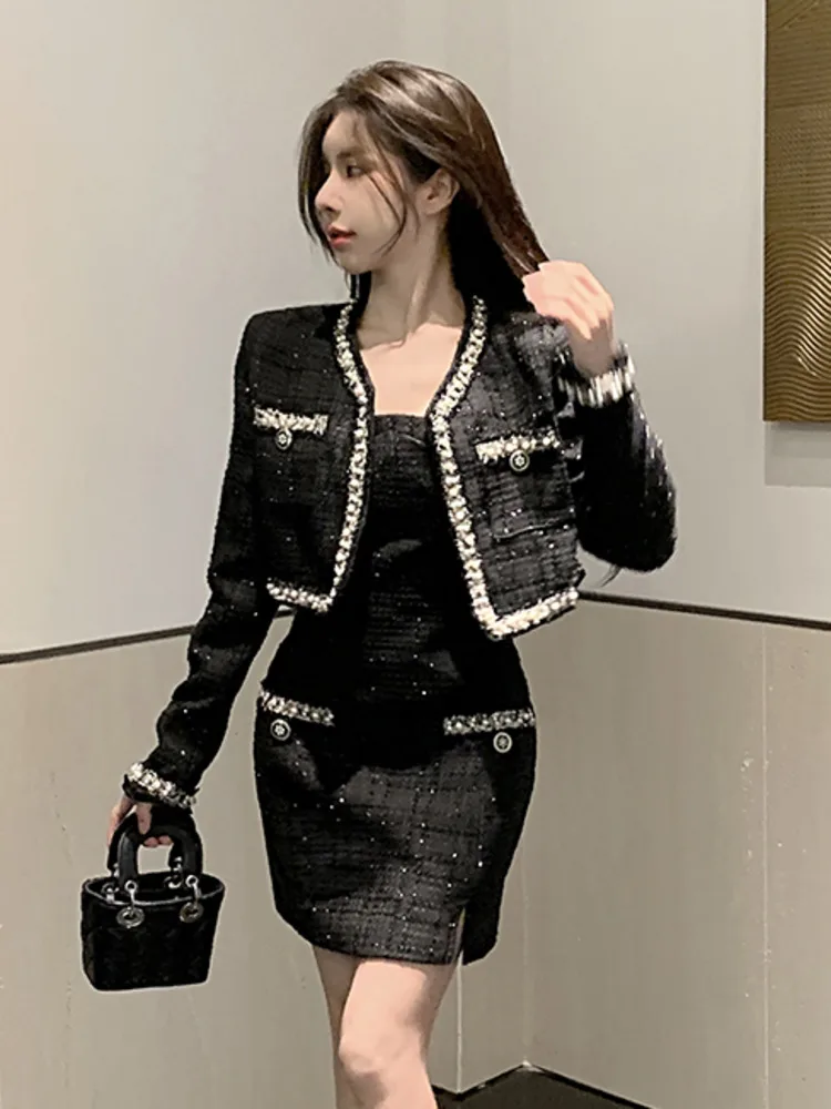 Autumn Winter Small Fragrance Tweed Two Piece Set For Women Short Jacket Coat + Dress Sets Korean Fashion Sweet 2 Piece Outfits