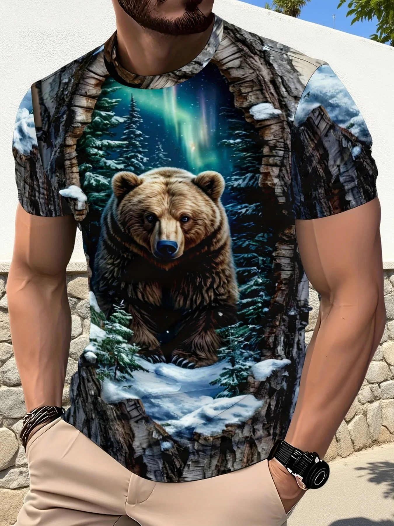 Men's Brown Bear Aurora T-Shirt 3D Forest Tree Hole Print Crew Neck Short Sleeve Casual Nature Top