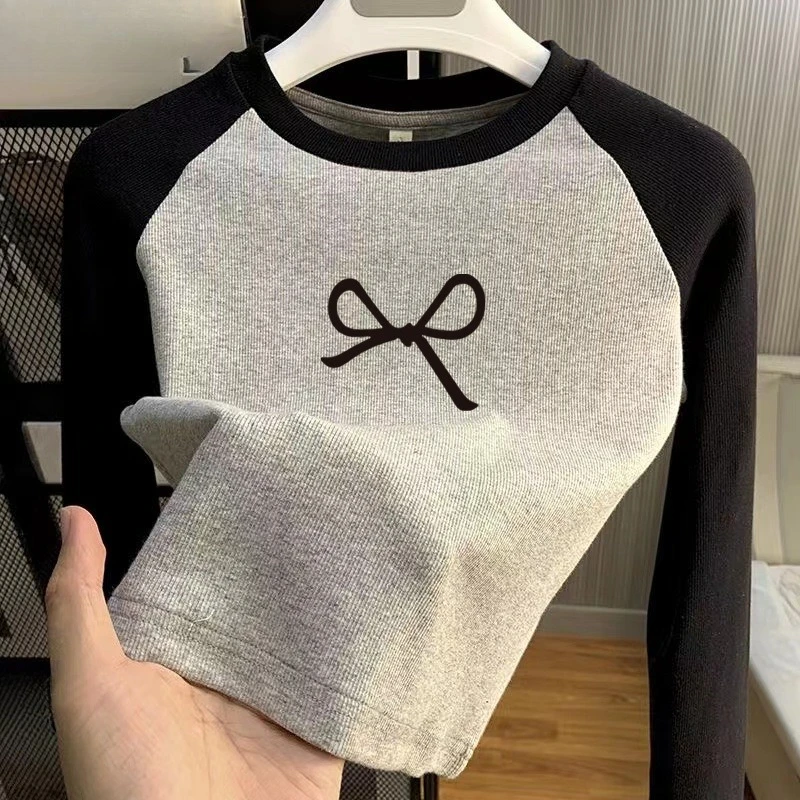 

Girls' Long Sleeve Color Block Tee, New Round Neck Print Top for Babies, Stylish Thin Ribbed Shirt & Spring Autumn Base Layer