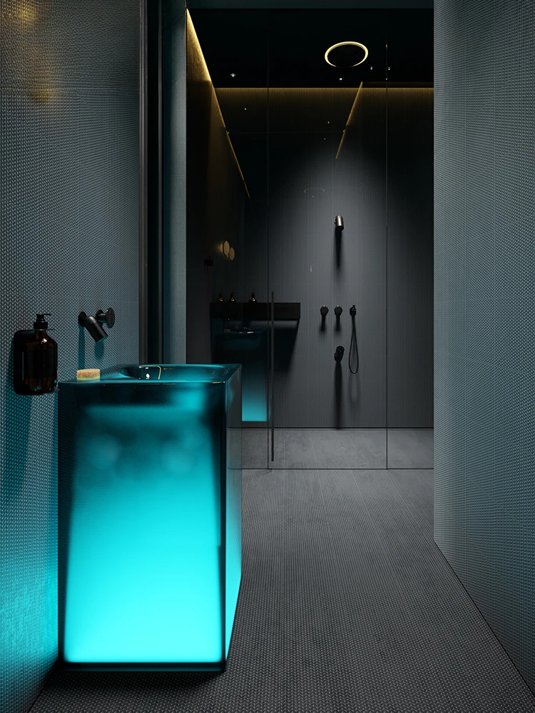 Light-emitting blue transparent floor-standing washbasin small bathroom cabinet bathroom cabinet column basin