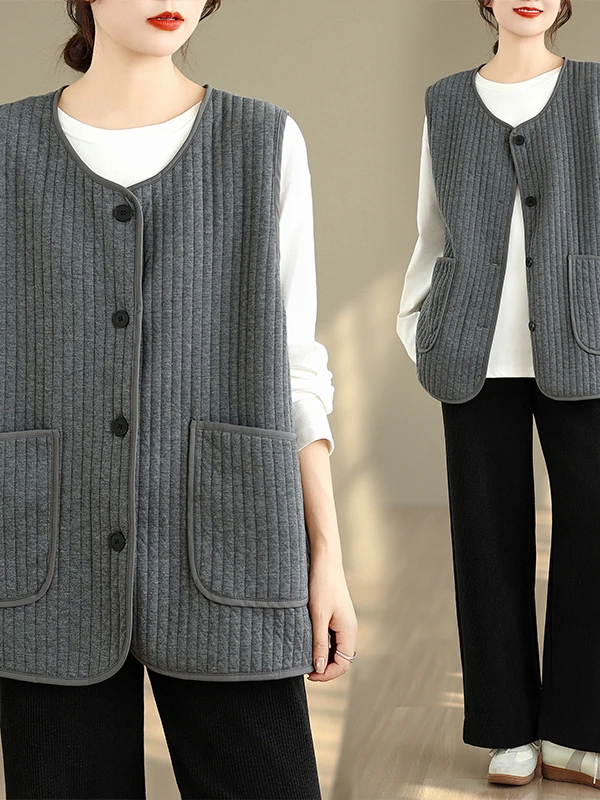 Retro Lightweight Vertical Stripe Cotton Vest round Neck Padded Quilted Texture Stitching Versatile Outerwear for Autumn Winter
