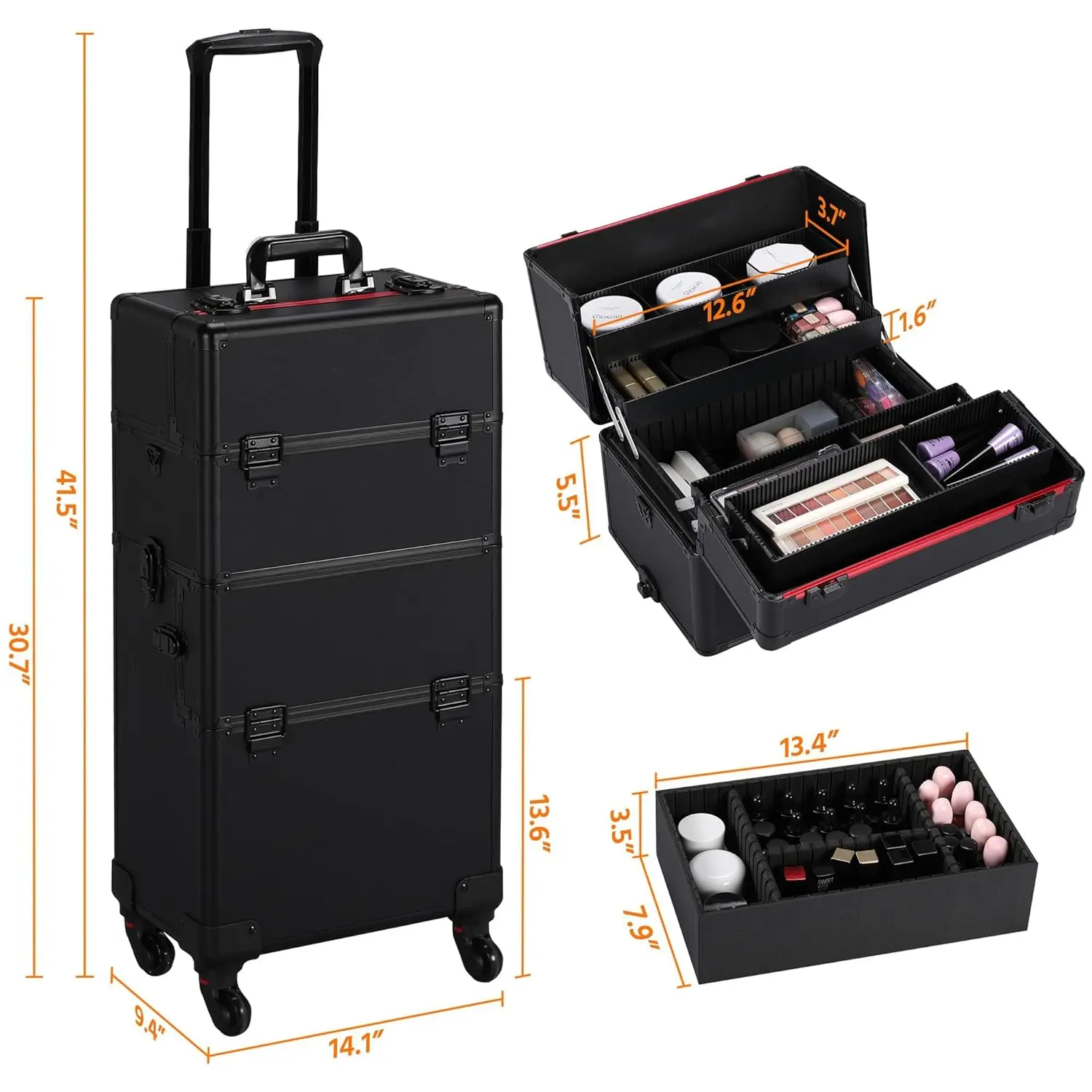 Makeup Train Case 3 in 1 Professional Cosmetic Trolley Multi-Functional Organizers Large Storage Traveling Cart Trunk