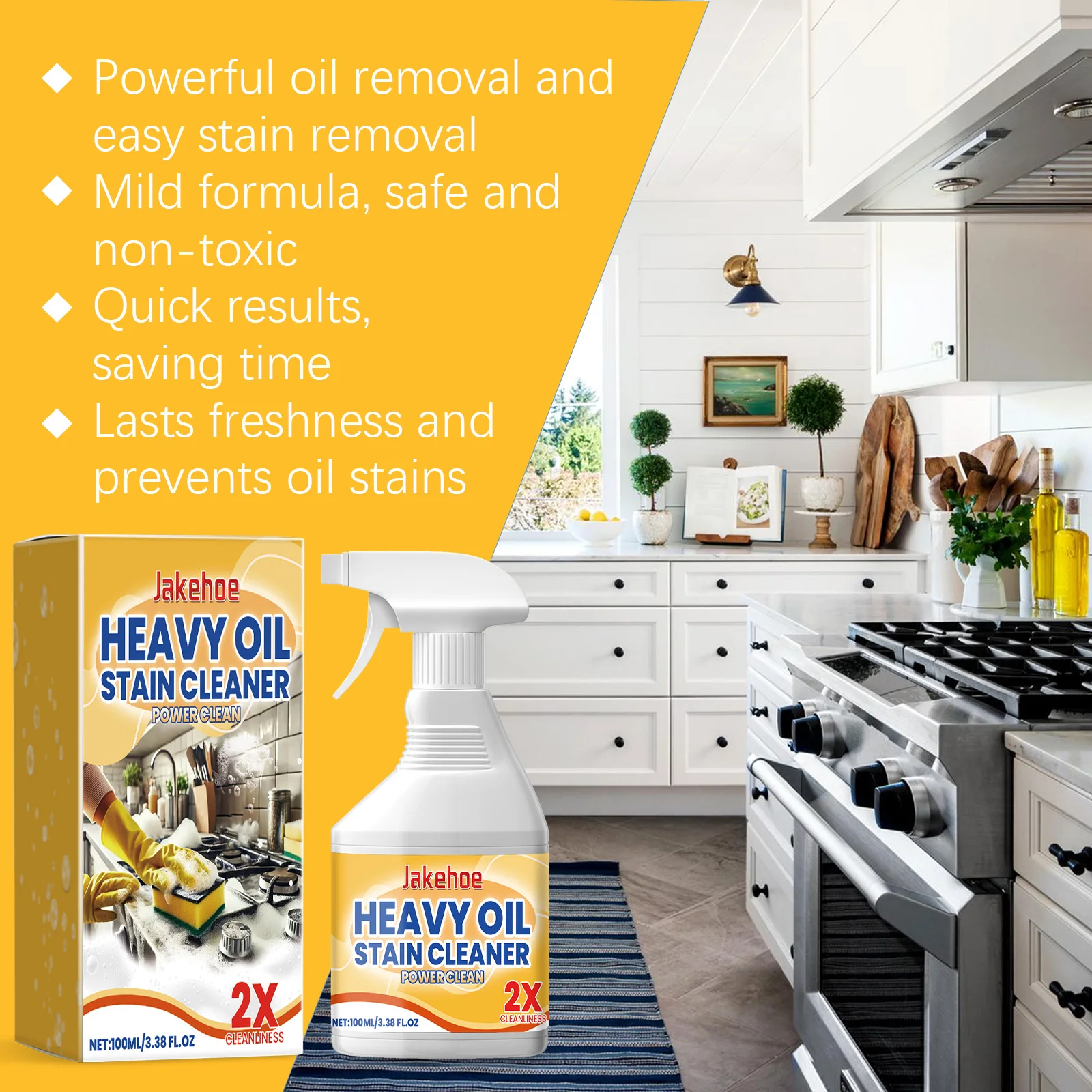Kitchen Oil Removal Cleaning Spray - Heavy Oil Stain Cleaner Range Hood Stovetop Cookware Stain Removal Clean, Multi-Surface Grease Dissolver & Odor Eliminator for Most Kitchens
