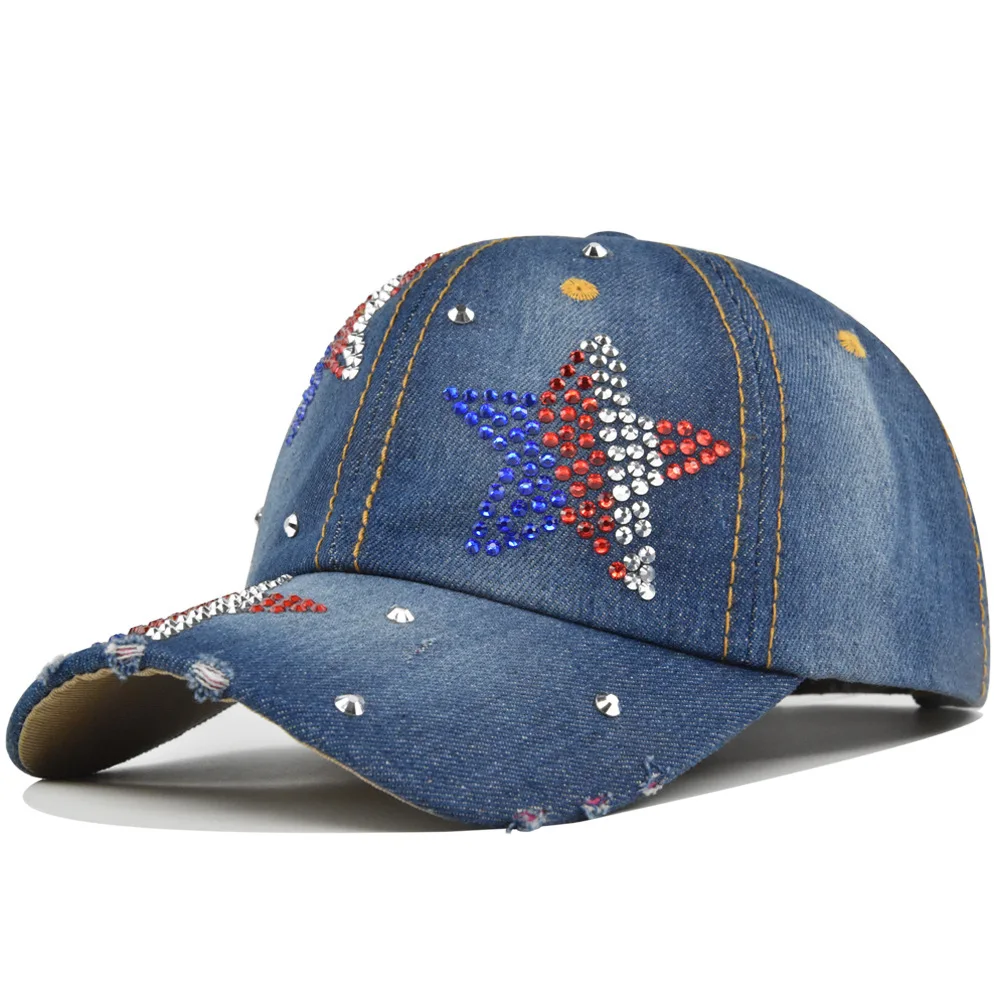 

Vintage Washed Distressed Hats Five-Pointed Star Baseball Dad Hats Cap Couple Curved Brim Shiny Rhinestone Sun Hat