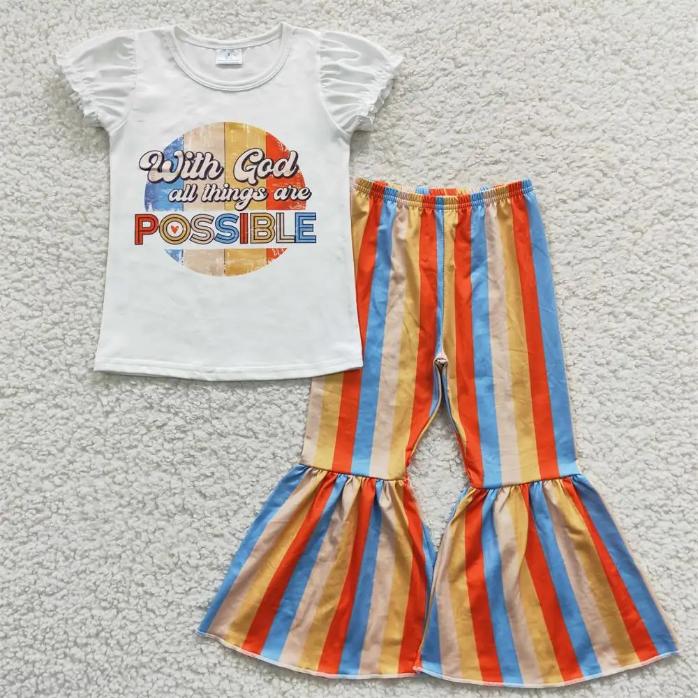 

Wholesale Christmas God Kids Short Sleeves Letter Shirts Set Baby Toddler Baby Girl Outfit Children Colorful Striped Bells Pants