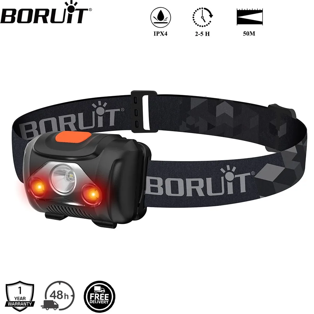 BORUiT H09 LED Mini Headlamp White Red ABS Headlight IPX4 Waterproof Head Torch Use AAA Battery Fshing Hunting Lantern
