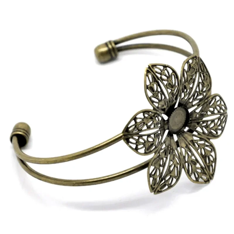 10Pcs Bracelets Bangles Round Flower Filigree Cabochon Setting Metal Bronze Tone Jewelry DIY Findings 17cm