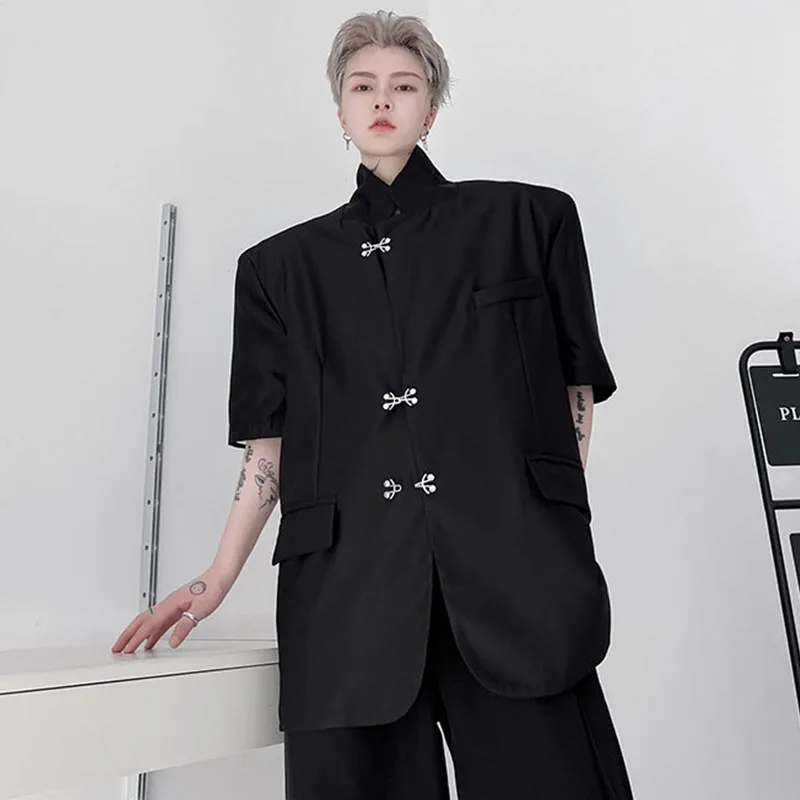 Trendy Men's Short Sleeve Small Suit Design Sense Large Spring And Summer Metal Buckle Decorative Lapel Shoulder Pad Suit Coat