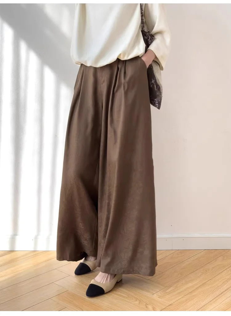 Birdtree 28M 100% Real Spun Silk Solid Pants,Women Jacquard Elastic Waist Autumn French Style Wide Leg Pant With Pocket P58002JF