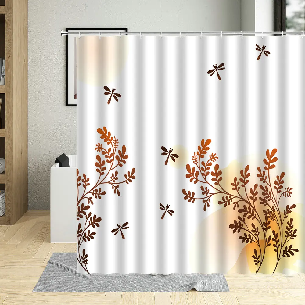 

Autumn Scenery Shower Curtain Maple Leaves Branches in Fall Earthen Tones Faded Woodland Art Waterproof with Hooks Bath Curtains