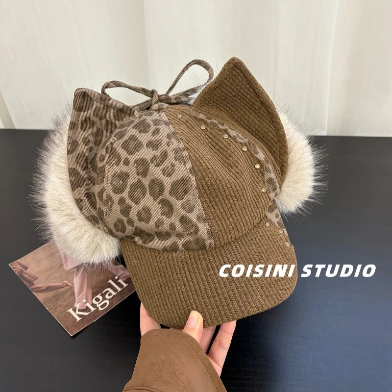 الرجعية ليوبارد طباعة أفخم القط الأذن قبعات البيسبول للنساء في الخريف والشتاء سروال قصير سميك وقبعات منفذها الدافئة #4