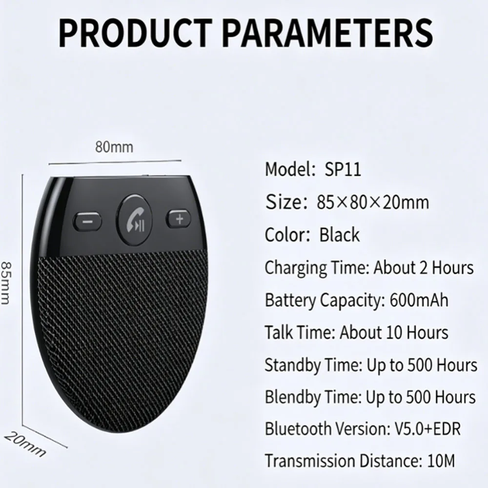 Car Sun Visor Bluetooth Handsfree SP11, Wireless Vehicle Hands Free Calling Device with Voice Prompt Bluetooth Car Kit
