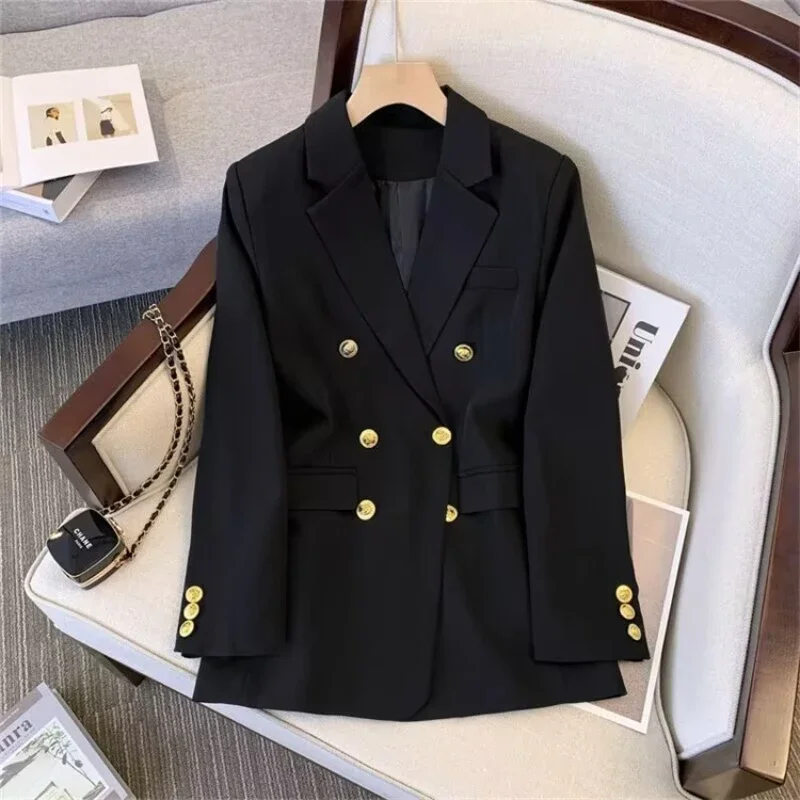 Korean Fashion Elegant Suit Coat Office Lady Long Sleeve Double-breasted Women\'s Jacket Solid Brown Straight Blazer for Women